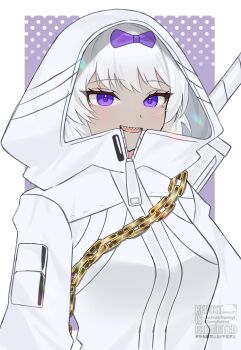 1girl bow chain commentary_request hair_bow highres hood hood_up hooded_jacket jacket kalmia001 kira_(project_moon) limbus_company looking_at_viewer open_mouth project_moon purple_eyes short_hair sidelocks smile solo sword sword_on_back upper_body weapon weapon_on_back white_hair white_jacket