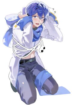 1boy :d belt black_belt blue_eyes blue_hair blue_pants blue_scarf blush bound coat earbuds earphones flying_sweatdrops full_body furrowed_brow hands_up hashtag-only_commentary headset highres kaito_(vocaloid) kneeling long_sleeves looking_at_viewer male_focus midriff_peek nervous_smile open_mouth pants samsap scarf short_hair simple_background smile solo sweat tied_up_(nonsexual) vocaloid white_background white_coat