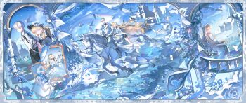 1boy 1girl absurdres animal bai_shancha_weijian balcony bird blonde_hair blue_dress blue_eyes blue_flower blue_sky blue_theme border bug butterfly couple dress flower highres horseback_riding insect letter long_hair love_letter multiple_views original outdoors rainbow riding sitting sky unicorn white_bird white_hair