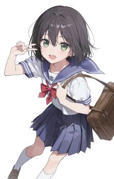 1girl absurdres aoi_saki_(senpai_wa_otokonoko) as4_s2 bag black_hair blue_sailor_collar blue_skirt blush breasts brown_bag brown_shoes collarbone dot_nose female_focus flat_chest highres legs loli looking_at_viewer medium_hair miniskirt neckerchief open_mouth peace_symbol pleated_skirt red_neckerchief sailor_collar school_bag school_uniform senpai_wa_otokonoko serafuku shoes short_sleeves shoulder_bag simple_background skirt small_breasts socks solo solo_focus teeth thighs upper_teeth_only white_background white_serafuku white_socks