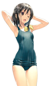 1girl ;d bare_arms bare_shoulders black_hair blue_one-piece_swimsuit brown_eyes commentary_request cowboy_shot gluteal_fold hair_between_eyes koutaro object_in_clothes object_in_swimsuit old_school_swimsuit one-piece_swimsuit one_eye_closed open_mouth original school_swimsuit showering simple_background smile solo swim_cap unworn_swim_cap swimsuit white_background