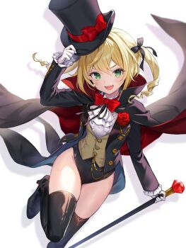 1girl ame8desu arm_up black_boots black_cloak black_hat black_jacket black_leotard black_ribbon black_thighhighs blonde_hair boots bow bowtie brown_vest cane cloak commission fang flower gem gloves green_eyes hand_on_headwear hat high_heel_boots high_heels jacket leg_up leotard leotard_under_clothes long_hair looking_at_viewer multicolored_cloak open_mouth original phantom_thief phantom_thief_(kkmomo67) red_bow red_bowtie red_cloak ribbon rose shirt skeb_commission smile solo standing standing_on_one_leg thigh_boots thighhighs thighs top_hat twintails two-sided_cloak two-sided_fabric two-tone_cloak vest white_gloves white_shirt wind wind_lift