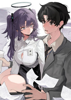 1boy 1girl arm_between_legs bags_under_eyes bare_legs black_hair black_jacket black_skirt blue_archive blue_archive_the_animation blush breasts button_gap cleavage commentary fang floating floating_object halo hetero highres id_card jacket jewelry large_breasts long_hair long_sleeves looking_at_another movik paper_stack purple_hair redrawn ring sensei_(blue_archive) sensei_(blue_archive_the_animation) sitting sitting_on_person skin_fang skirt smile sweatdrop two_side_up very_long_hair wedding_ring yuuka_(blue_archive)