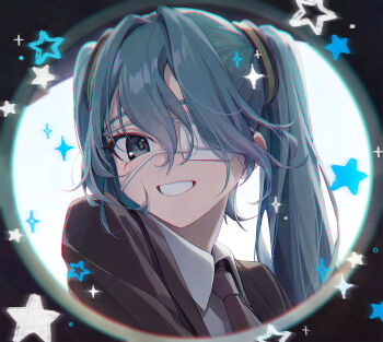 1girl blue_eyes blue_hair brown_jacket brown_necktie collared_shirt eyepatch grin hair_between_eyes hatsune_miku highres jacket jeong_yumyum long_hair looking_at_viewer medical_eyepatch monitoring_(vocaloid) necktie shirt sidelocks smile solo twintails upper_body vocaloid white_shirt