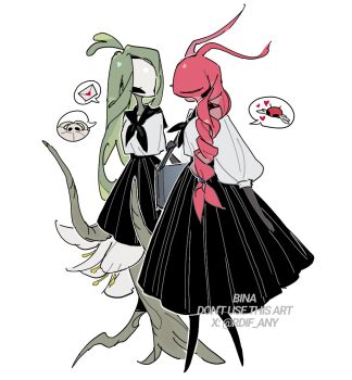 Rule 34 | 2girls, alternate costume, antennae, arthropod girl, artist name, black eyes, black neckerchief, black skirt, commentary request, contemporary, envelope, green hair, hollow knight, hollow knight: silksong, korean commentary, long hair, long skirt, multiple girls, neckerchief, nyleth (hollow knight), pleated skirt, rdif rw, red hair, sailor collar, sailor shirt, shirt, simple background, skarrsinger karmelita (hollow knight), skirt, spoken character, spoken object, watermark, white background, white shirt