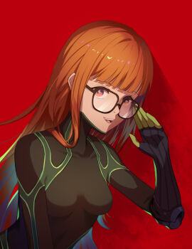 1girl :d black-framed_eyewear black_bodysuit blue_hair bodysuit breasts brown_eyes brown_hair glasses highres long_hair looking_at_viewer multicolored_hair open_mouth oracle_(persona_5) persona persona_5 red_background reveen sakura_futaba small_breasts smile solo straight_hair upper_body very_long_hair