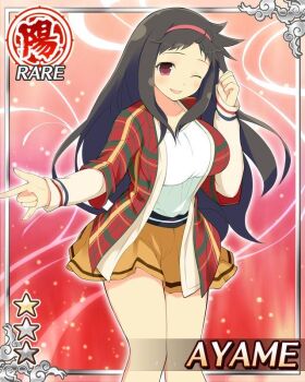 1girl ayame_(senran_kagura) border breasts brown_hair card_(medium) casual english_text game_cg hair_ribbon jacket large_breasts long_hair looking_at_viewer non-web_source official_alternate_costume official_art one_eye_closed open_mouth plaid_clothes plaid_jacket red_eyes red_ribbon ribbon senran_kagura senran_kagura_new_wave shirt smile solo white_shirt