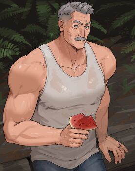 1boy bara closed_mouth denim eating facial_hair food fruit grey_eyes grey_hair highres holding holding_food holding_fruit holding_watermelon jeans jewelry male_focus mature_male muscular muscular_male mustache old old_man on_bench original outdoors pants ring sa1k0p see-through_clothes see-through_shirt shirt short_hair sitting solo tank_top watermelon watermelon_slice wedding_ring wet wet_clothes wet_shirt white_shirt
