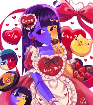 1girl alternate_costume asymmetrical_hair black_eyes black_hair blue_skin blunt_bangs blush bow candy chocolate chocolate_heart colored_skin cookie demon_ena dog dress ena:_dream_bbq ena_(dream_bbq) ena_(ena) ena_(series) ena_(species) ena_(web_series) floating_head food frilled_dress frills hair_ornament happy_ena heart heart-shaped_food heart_hair_ornament highres hourglass_dog long_hair multicolored_skin puffy_short_sleeves puffy_sleeves red_ribbon ribbon sad_ena salesperson_ena short_sleeves smile solo split-color_skin text_hair_ornament two-tone_skin usagimarumei valentine yellow_skin