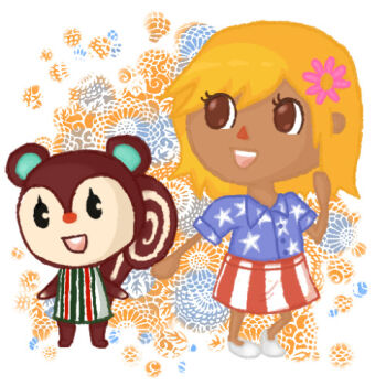 Rule 34 | animal crossing, blonde hair, blue background, flabbeycrossing, lowres, nintendo, orange background, poppy (animal crossing), squirrel, villager (animal crossing), white background