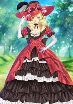Rule 34 | 1girl, amatsu mito, blonde hair, breasts, cleavage, dress, drill hair, elbow gloves, frilled dress, frills, gloves, hat, highres, large breasts, looking at viewer, red eyes, rose bernstein, smile, snk, the king of fighters