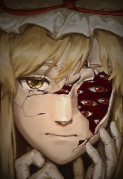 Rule 34 | 1girl, absurdres, blonde hair, closed mouth, crack, cracked kawaii mask, elvencliff, expressionless, gap (touhou), gloves, hands on own face, hat, highres, long hair, looking at viewer, mob cap, portrait, red eyes, solo, touhou, white gloves, yakumo yukari, yellow eyes
