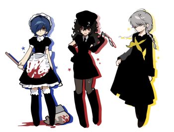 3boys ahoge alternate_costume amamiya_ren apron arm_at_side back_bow black_boots black_dress black_gloves black_hat black_necktie black_pantyhose black_thighhighs blood blood_on_clothes blood_on_ground blue_eyes blue_hair boots bow braid broom closed_mouth clothes_lift crossdressing crossdressing_(mtf) cuffs dong9rang dress drop_shadow elbow_gloves enmaided facing_viewer frilled_apron frilled_dress frilled_thighhighs frills full_body gloves grey_eyes grey_hair hair_between_eyes hair_over_one_eye hairband hand_on_own_hip hand_up handcuff_dangle handcuffs hat highres holding holding_broom long_hair long_sleeves looking_at_viewer looking_down looking_to_the_side maid maid_apron maid_headdress male_focus multiple_boys narukami_yu neckerchief necktie pantyhose persona persona_3 persona_3:_dancing_moon_night persona_4 persona_5 persona_5:_dancing_star_night persona_dancing police police_hat police_uniform puffy_short_sleeves puffy_sleeves red_eyes shaded_face short_hair short_sleeves simple_background skirt skirt_lift smile star_(symbol) sweatdrop thighhighs twin_braids white_apron white_background white_hairband yellow_neckerchief yuuki_makoto_(persona_3)