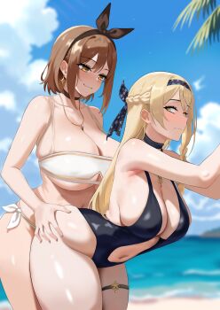 2girls absurdres amadeuslight atelier_(series) atelier_resleriana atelier_ryza beach behind_another bent_over bikini blonde_hair blue_sky breasts brown_eyes brown_hair closed_mouth commentary cowboy_shot day english_commentary green_eyes highres huge_breasts humping implied_futanari jewelry klaudia_valentz klaudia_valentz_(moonlit_beach) long_hair medium_hair multiple_girls navel necklace official_alternate_costume open_mouth outdoors penis reisalin_stout sideboob sky swimsuit thigh_strap thighs yuri
