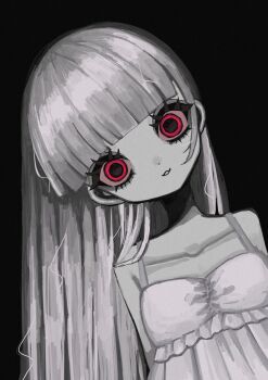 Rule 34 | 1girl, absurdres, black background, blunt bangs, camisole, collarbone, colored skin, empty eyes, grey hair, grey skin, head tilt, highres, leaning to the side, long hair, original, parted lips, red eyes, shiona (siona0625), solo