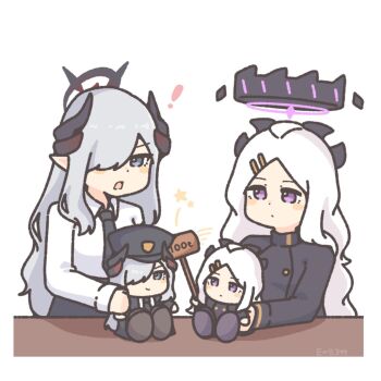 ! 2girls ahoge blue_archive blush_stickers bonk border buttons character_doll demon_wings doll double-breasted enobun3gyo expressionless fluffy_hair grey_eyes grey_hair hair_ornament hairclip halo hammer hat hina_(blue_archive) hitting horns long_hair long_sleeves makoto_(blue_archive) military_hat multiple_girls necktie purple_eyes shirt signature simple_background skirt star_(symbol) surprised table white_background white_border white_hair white_shirt wings