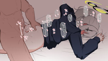1boy 1girl ass bed_sheet blue_archive bottomless clothed_sex cross_hair_ornament cum cum_overflow grabbing_another&#039;s_ass green_halo groping hair_ornament halo hare_(blue_archive) hetero hood hood_down long_sleeves lying on_stomach prone_bone pyosunyi sex sex_from_behind sheet_grab solo_focus speech_bubble translation_request white_hair
