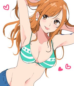 Rule 34 | 1girl, armpits, arms behind head, arms up, bikini, bikini top only, blue pants, blush, breasts, chatubo, cleavage, earrings, green bikini, heart, highres, jewelry, large breasts, long hair, midriff, nami (one piece), nami (one piece) (return to sabaody), one piece, orange eyes, orange hair, pants, pearl earrings, shoulder tattoo, solo, striped bikini, striped clothes, swimsuit, tattoo, tongue, tongue out, upper body, white background