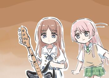 2girls bang_dream! bang_dream!_it&#039;s_mygo!!!!! bass_guitar belt blue_belt blue_eyes blue_ribbon brown_background brown_hair brown_sweater_vest chihaya_anon closed_mouth commentary_request diagonal-striped_clothes diagonal-striped_necktie dress green_necktie green_skirt grey_eyes guitar_strap haneoka_school_uniform highres instrument long_hair lyy multiple_girls nagasaki_soyo neck_ribbon necktie outline pink_hair ribbon school_uniform shirt short_hair sidelocks skirt striped_clothes sweater_vest tsukinomori_school_uniform white_dress white_outline white_shirt