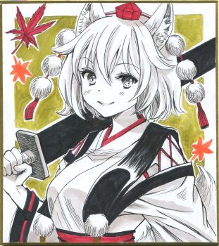 1girl animal_ears closed_mouth commentary_request hair_between_eyes hajike_akira hat highres holding holding_sword holding_weapon inubashiri_momiji japanese_clothes kimono kourindou_tengu_costume leaf long_sleeves looking_at_viewer maple_leaf marker_(medium) over_shoulder pom_pom_(clothes) red_hat shikishi short_hair smile solo sword tokin_hat touhou traditional_media upper_body weapon weapon_over_shoulder wolf_ears yellow_background