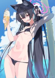 Rule 34 | 1girl, aji aji nori, animal ear fluff, animal ears, bare arms, bare legs, bare shoulders, bikini, black bikini, black hair, blue archive, breasts, cat ears, commentary, cowboy shot, extra ears, food, hair between eyes, halo, highres, holding, holding food, ice cream, long hair, looking at viewer, navel, official alternate costume, open mouth, pink halo, red eyes, serika (blue archive), serika (swimsuit) (blue archive), small breasts, solo, swimsuit, symbol-only commentary, twintails