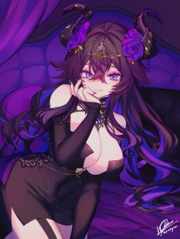 Rule 34 | 1girl, absurdres, black dress, black hair, black horns, black nails, black sleeves, breasts, cleavage, closed mouth, colored inner hair, detached sleeves, dress, dtpnhm, flower, gem, hair between eyes, hair flower, hair ornament, highres, horns, indie virtual youtuber, long hair, multicolored hair, purple eyes, purple flower, purple gemstone, purple hair, purple rose, rose, second-party source, signature, solo, unjaded (vtuber), virtual youtuber