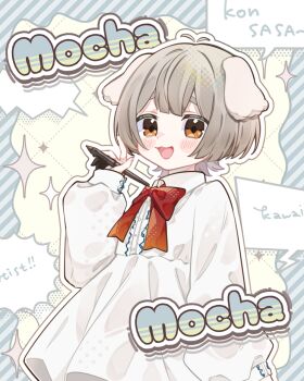 1girl :3 :d animal_ears blue_background blush_stickers bow bowtie buttons center_frills commentary_request cowboy_shot dog_ears dress frills grey_hair hand_up highres holding holding_stylus long_sleeves notamaru_2 open_mouth orange_eyes original outline red_bow red_bowtie short_hair smile solo striped_background stylus thick_eyebrows white_dress white_outline