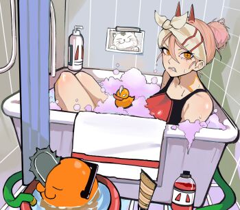 1girl absurdres angry bathing bucket bucket_of_water chainsaw_man cross-shaped_pupils demon_girl demon_horns highres horns looking_at_viewer meowy_(chainsaw_man) orange_hair picture_frame pochita_(chainsaw_man) power_(chainsaw_man) sailen0 shampoo sharp_teeth soap_bubbles swimsuit symbol-shaped_pupils teeth