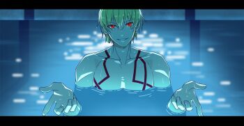 1boy blonde_hair body_markings chainsaw_man cross_akiha earrings fate/grand_order fate/stay_night fate_(series) gilgamesh_(fate) i&#039;ll_teach_you_everything_(chainsaw_man) jewelry light_reflection_(water) male_focus movie_reference open_mouth parody partially_submerged pool red_eyes scene_reference short_hair smile solo topless_male water wet wet_hair