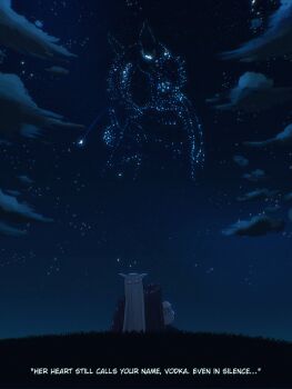 2girls animal_ears bare_shoulders blue_skirt brown_hair cloud constellation daiwa_scarlet_(casual)_(umamusume) daiwa_scarlet_(umamusume) english_text from_behind gold_ship_(casual)_(umamusume) gold_ship_(umamusume) grey_hair highres horse_ears horse_girl jacket johnholl0w leaning_on_person leaning_to_the_side long_hair long_sleeves multiple_girls night night_sky off-shoulder_shirt off_shoulder red_jacket shirt sitting skirt sky star_(sky) twintails umamusume very_long_hair white_shirt