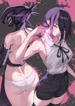 2girls absurdres apron back black_apron black_shorts bomb_devil_(chainsaw_man) breasts chainsaw_man commentary dual_persona highres katrinabluuuuu medium_breasts multiple_girls panties purple_hair reze_(chainsaw_man) shirt short_hair shorts smile thighs underwear white_panties white_shirt