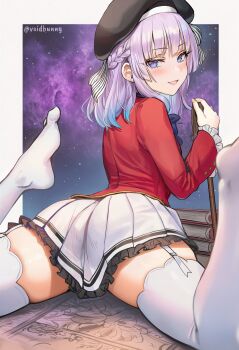 absurdres arched_back blush commentary english_commentary from_behind gradient_hair highres looking_at_viewer looking_back lying multicolored_hair on_stomach parted_lips pleated_skirt sakayanagi_arisu school_uniform skirt smile the_pose thick_thighs thighhighs thighs voidbunny white_thighhighs youkoso_jitsuryoku_shijou_shugi_no_kyoushitsu_e zettai_ryouiki