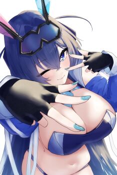 1girl absurdres azur_lane black_gloves blue-tinted_eyewear blue_hair blue_nails breasts cleavage commentary_request double_v eyewear_on_head fingerless_gloves from_above gloves goggles goggles_on_head gradient-tinted_eyewear highres large_breasts long_hair long_sleeves looking_at_viewer new_jersey_(azur_lane) new_jersey_(black_blur_prelude)_(azur_lane) nonokuro_no96 official_alternate_costume one_eye_closed race_queen simple_background skindentation solo star-shaped_pupils star_(symbol) symbol-shaped_pupils tinted_eyewear v very_long_hair white_background