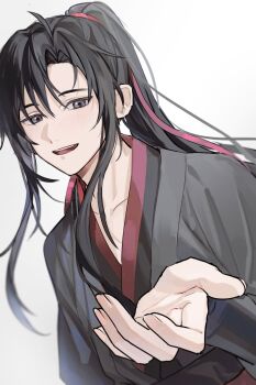 1boy :d ahoge beckoning bishounen black_eyes black_hair black_hanfu blush chinese_clothes collarbone grey_background grey_eyes hair_ribbon hanfu high_ponytail highres korean_commentary long_hair long_sleeves looking_at_viewer male_focus memomdzs modao_zushi open_hand open_mouth outstretched_hand ponytail reaching reaching_towards_viewer red_ribbon ribbon robe sash sidelocks simple_background smile solo upper_body wei_wuxian white_background