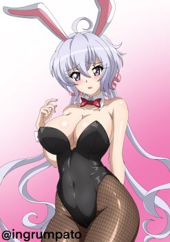 1girl absurdres ahoge animal_ear_hairband animal_ears black_leotard bow bowtie breasts brown_pantyhose covered_navel detached_collar fake_animal_ears fishnet_pantyhose fishnets grey_hair hairband highres kyomeihibiki large_breasts leotard long_hair looking_at_viewer pantyhose playboy_bunny purple_eyes rabbit_ears red_bow red_bowtie senki_zesshou_symphogear solo strapless strapless_leotard twintails twitter_username wrist_cuffs yukine_chris