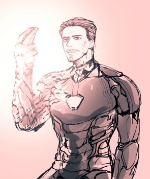 1boy animification arc_reactor armor avengers:_endgame avengers_(series) blood blood_on_face commentary english_commentary facial_hair full_armor hand_up highres infinity_gems iron_man light looking_to_the_side male_focus marvel marvel power_armor short_hair simple_background solo standing superhero_costume teeth tony_stark xxviolet