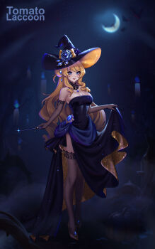 1girl alternate_costume artist_name bare_shoulders black_dress black_gloves black_hat black_thighhighs blonde_hair blue_eyes blue_flower blue_gemstone breasts candle cleavage commentary crescent_moon dress elbow_gloves flower full_body gem genshin_impact gloves hashtag-only_commentary hat hat_flower highres holding holding_wand large_breasts long_hair looking_at_viewer moon navia_(genshin_impact) night night_sky outdoors parted_lips sky solo standing strapless strapless_dress thighhighs tomatolaccoon very_long_hair wand witch_hat