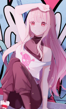 1girl absurdres bare_shoulders black_pants commentary english_commentary graffiti highres hololive hololive_english long_hair looking_at_viewer mori_calliope mori_calliope_(streetwear) pants pink_eyes pink_hair sharonda shirt sitting skull_and_crossbones skull_print smile solo very_long_hair virtual_youtuber white_shirt