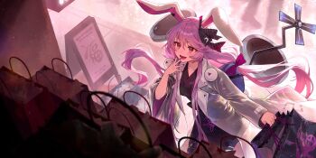 1girl alternate_costume animal_ears artist_request bag black_kimono blush bow coat collarbone furisode game_cg hair_bow highres holding holding_bag japanese_clothes kimono long_hair official_art open_clothes open_coat open_mouth pink_bow purple_hair rabbit_ears rabbit_girl radio_antenna red_eyes red_nails reisen_udongein_inaba shopping_bag smile solo third-party_source touhou touhou_lostword very_long_hair white_coat