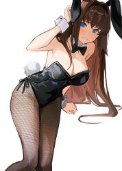 Rule 34 | 1girl, @ @, absurdres, animal ears, aozaki aoko, black leotard, black pantyhose, blue eyes, blush, bow, bowtie, breasts, brown hair, covered navel, detached collar, fake animal ears, fake tail, fate/grand order, fate (series), fishnet pantyhose, fishnets, hair intakes, highleg, highleg leotard, highres, large breasts, leotard, long hair, looking at viewer, mahou tsukai no yoru, open mouth, pantyhose, playboy bunny, rabbit ears, rabbit tail, side-tie leotard, simple background, solo, strapless, strapless leotard, tail, traditional bowtie, white background, wrist cuffs, yotsutsu428