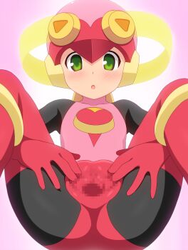 1girl :o absurdres blush censored commentary commission curakuru feet_out_of_frame flat_chest gradient_background green_eyes helmet highres knees_up loli mega_man_(series) mega_man_battle_network_(series) mosaic_censoring netnavi open_mouth pink_background pink_helmet roll.exe_(mega_man) simple_background skeb_commission solo spread_pussy spreading_own_pussy