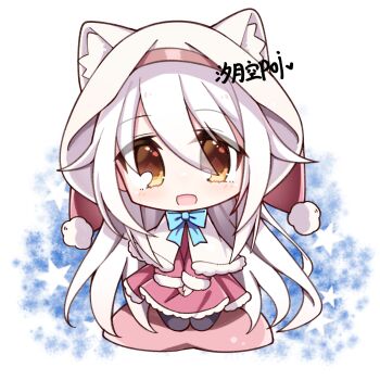 1girl :d animal_ear_fluff animal_ears animal_hood black_pantyhose blue_bow blue_bowtie blush bow bowtie brown_eyes capelet cat_ears cat_hood chibi chibi_only chinese_commentary commentary_request dress eyes_visible_through_hair fake_animal_ears full_body fur-trimmed_capelet fur-trimmed_dress fur-trimmed_sleeves fur_trim hair_between_eyes highres hood hood_up hoshizora_no_memoria long_hair long_sleeves looking_at_viewer open_mouth ototsu_yume pantyhose red_dress seiza sidelocks simple_background sitting smile solo star_(symbol) very_long_hair white_background white_capelet white_hair wide_sleeves winter_clothes xi_yue_kong_poi