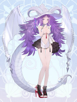 Rule 34 | 1girl, ame tyaya, ankle boots, arm at side, bare shoulders, black boots, black dress, black sleeves, blue background, blue flower, boots, breasts, center opening, chain paradox, china dress, chinese clothes, cleavage, colored shoe soles, commentary request, detached sleeves, dragon girl, dragon horns, dragon tail, dragon wings, dress, expressionless, flower, frilled sleeves, frills, full body, hand on own chin, hat, hat flower, high heel boots, high heels, highres, horns, horns through headwear, kishimen hair, legs together, long hair, long sleeves, looking at viewer, medium breasts, microdress, midriff, panty straps, parted bangs, parted lips, pelvic curtain, pigeon-toed, purple eyes, purple flower, purple hair, red shoes, ren idragea, revealing clothes, shoes, short eyebrows, single bare arm, single detached sleeve, sleeveless, sleeveless dress, solo, standing, stirrup footwear, tail, tassel, toenails, twintails, two-tone dress, two-tone sleeves, very long hair, white dress, white hat, white horns, white tail, white wings, wings, witch hat