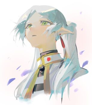 1girl artist_name capelet commentary cropped_shoulders earrings elf english_commentary falling_petals frieren green_eyes grey_hair hair_over_shoulder head_back jewelry long_hair long_pointy_ears looking_up machi_mile00 parted_lips petals pointy_ears shirt simple_background solo sousou_no_frieren striped_clothes striped_shirt teardrop_earrings twintails twitter_username upper_body upward_angle_frieren_drawing white_background white_capelet