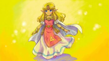 1girl armor belt blonde_hair blue_eyes bracer cape closed_mouth commentary_request curtained_hair dress full_body gem gold_bracer gold_tiara long_hair nintendo pointy_ears princess princess_zelda red_belt red_gemstone saikachi_(ogre_tree) short_sleeves shoulder_armor single_horizontal_stripe smile solo the_legend_of_zelda the_legend_of_zelda:_a_link_between_worlds tiara triforce white_cape white_dress