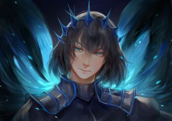 Rule 34 | 1boy, absurdres, alternate costume, armor, black armor, blue background, blue eyes, closed mouth, commentary, english commentary, expressionless, fate/grand order, fate (series), grey hair, hair between eyes, highres, male focus, oberon (fate), oberon (third ascension) (fate), renrenka noi, short hair, signature, solo, upper body, wings