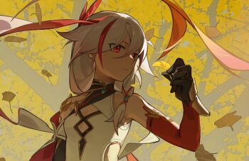 1girl absurdres bare_shoulders black_gloves breasts detached_sleeves dress fu_hua fu_hua_(phoenix) ginkgo_leaf gloves hand_up highres honkai_(series) honkai_impact_3rd leaf long_hair long_sleeves minonext multicolored_hair red_eyes red_hair red_sleeves small_breasts solo streaked_hair upper_body white_dress white_hair