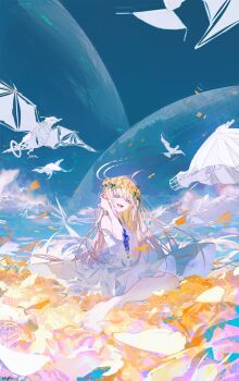 1girl absurdres ahoge bare_arms bare_legs bare_shoulders blonde_hair blue_eyes crymachina double_halo dress dress_flower enoa_(crymachina) field flower flower_field flower_wreath halo highres leaf long_hair looking_at_viewer official_art open_mouth planet rolua rose science_fiction sky smile solo teeth upper_teeth_only white_dress white_flower white_rose yellow_flower yellow_rose