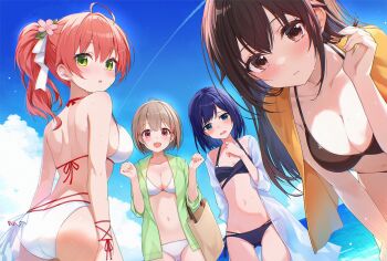 4girls :d :| a-chan_(hololive) ahoge alternate_costume amagai_tarou ass back bikini blue_bikini blue_eyes blue_hair blue_sky blush breasts brown_bikini brown_eyes brown_hair cleavage closed_mouth cloud collar commentary_request day double-parted_bangs flat_chest flower gluteal_fold green_eyes green_jacket hair_between_eyes hair_flaps hair_flower hair_ornament hairclip halterneck hand_in_own_hair hand_up hands_up harusaki_nodoka highres hololive jacket large_breasts leaning_forward long_hair looking_at_viewer looking_back median_furrow medium_hair multi-strapped_bikini_bottom multiple_girls navel ocean open_clothes open_jacket open_mouth outdoors pink_eyes pink_hair ponytail sakura_miko see-through_clothes see-through_jacket short_hair side-tie_bikini_bottom sideboob sky smile standing stomach swept_bangs swimsuit swimsuit_cover-up tokino_sora towel towel_around_neck virtual_youtuber wavy_mouth wet white_bikini white_jacket
