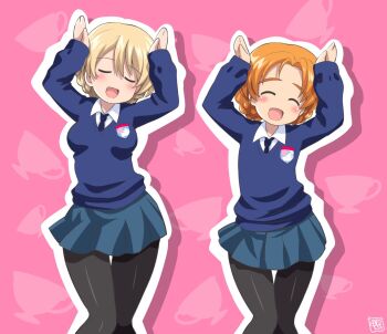 2girls arms_up black_necktie black_pantyhose blonde_hair blue_skirt blue_sweater blush braid braided_bun breasts caramelldansen closed_eyes collared_shirt cup dancing darjeeling_(girls_und_panzer) dress_shirt emblem girls_und_panzer hair_bun hands_up kamogawa_tanuki miniskirt multiple_girls necktie open_mouth orange_hair orange_pekoe_(girls_und_panzer) pantyhose parody pink_background pleated_skirt school_uniform shirt single_braid skirt smile st._gloriana&#039;s_(emblem) st._gloriana&#039;s_school_uniform sweater teacup white_shirt